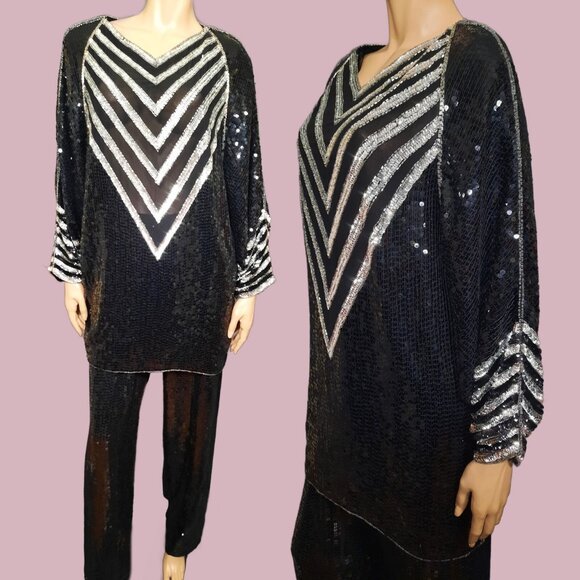 Vintage 80s Ann Green Art Deco Silk Sequined Top Pants Set Black Silver Womens L - Picture 1 of 10